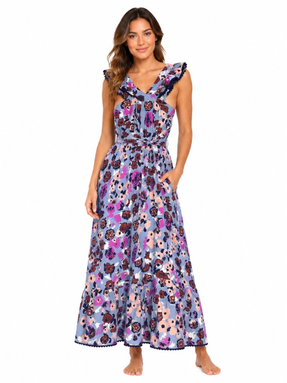 CLEOBELLA Blue Floral 100% Organic Cotton Ruffle Maxi Dress Tie Belt Pockets XS